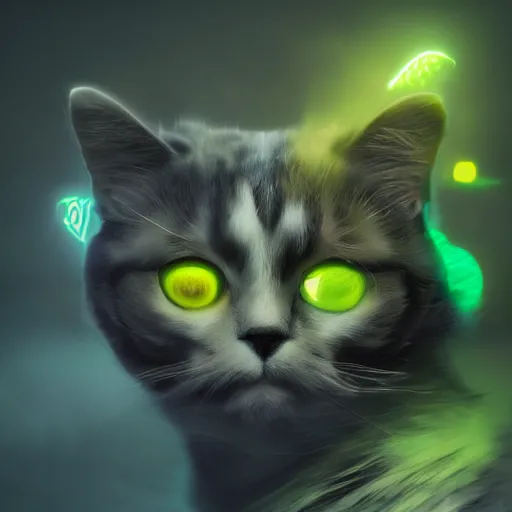 Prompt: moody atmospheric render of a cyborg calico cat with a chartreuse and teal color scheme by leon tukker