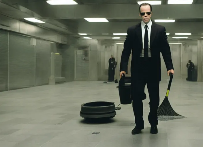 Image similar to film still of agent smith working as a janitor in the new matrix movie, 4 k