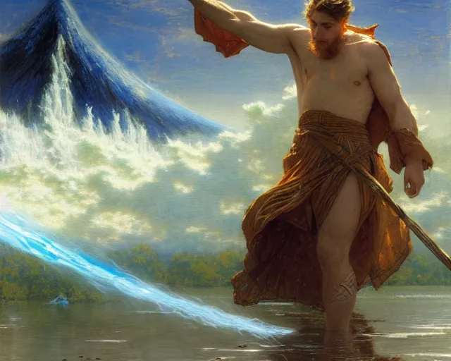 Image similar to attractive male wizard casting powerful giant tsunami spell in a beautiful lake. highly detailed painting by gaston bussiere, craig mullins, j. c. leyendecker 8 k