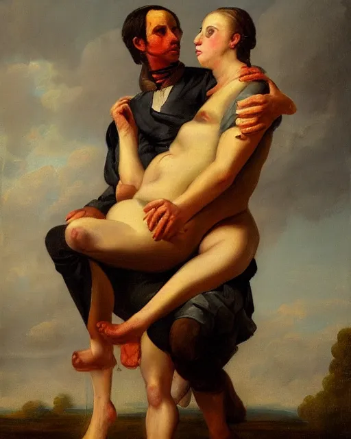 Prompt: a painting of a man holding a woman in his arms by pascal blanche, trending on deviantart, transgressive art, flemish baroque, furaffinity, renaissance painting