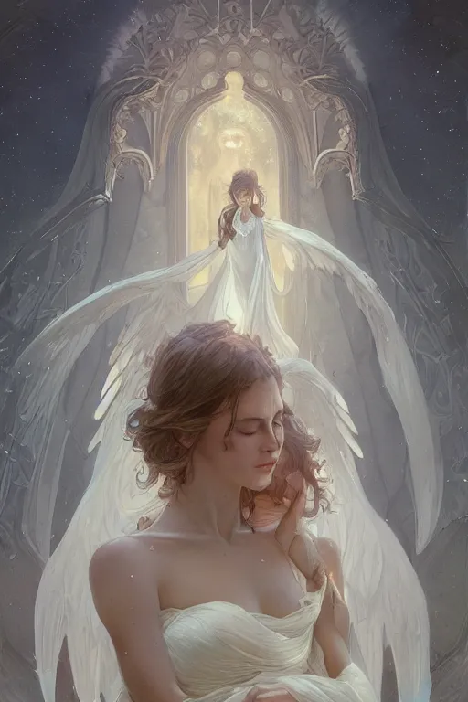 Image similar to Angels in white gauze dresses, the glow of the moonlight, fantasy, intricate, elegant, highly detailed, digital painting, artstation, concept art, matte, sharp focus, illustration, art by Artgerm and Greg Rutkowski and Alphonse Mucha