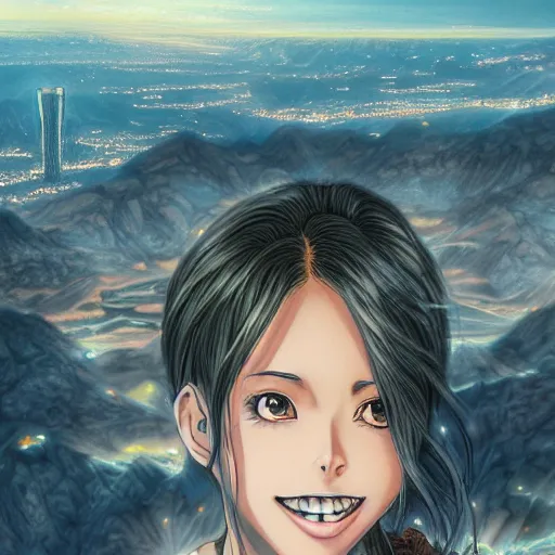 Image similar to beautiful girl looking from the edge of the mountain on the giant night city below, midnight, highly detailed colored manga page, illustration by diego facio, hyper realism