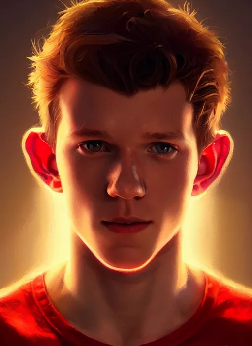 Image similar to portrait of tom holland with hazel eyes, hazel colored eyes, red shirt, intricate, elegant, glowing lights, highly detailed, digital painting, artstation, concept art, smooth, sharp focus, illustration, art by wlop, mars ravelo and greg rutkowski