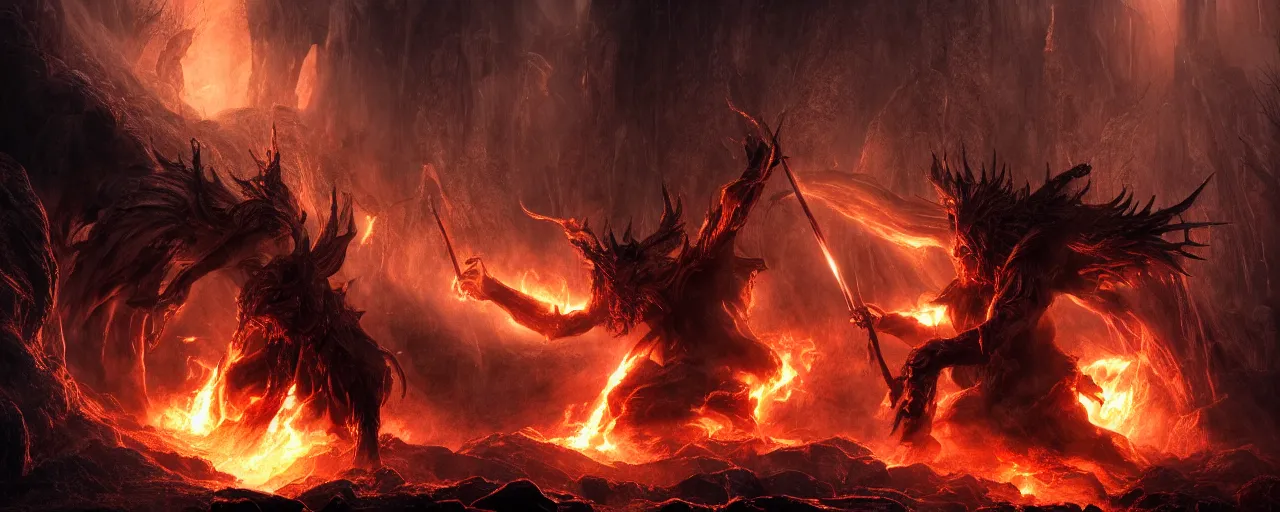 Image similar to god fighting the devil, dark, fiery, mines of moria, lord of the rings aesthetic, in style of alan lee, cinematic, cinematic lighting, octane render, motion blur, highly detailed