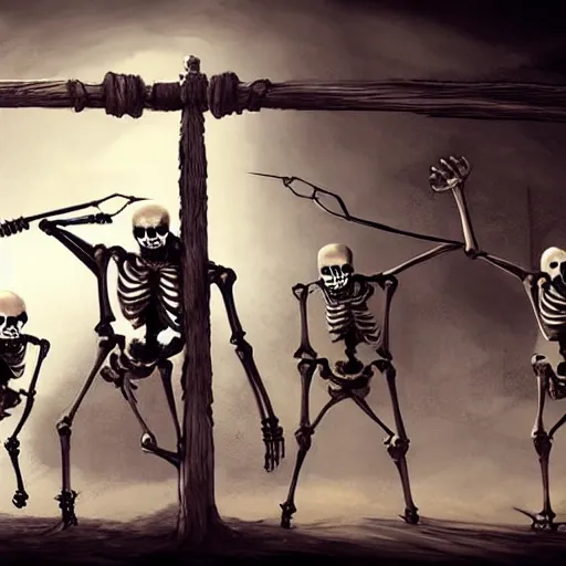 Image similar to four skeletons in body armor hanging from gallows, video game concept art