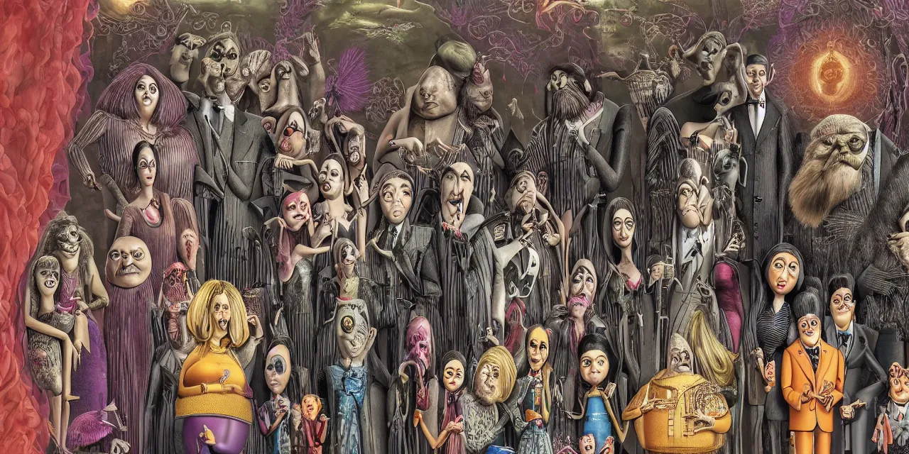 Image similar to a highly detailed image of a addams family style illustration, rich colors, surreal aliens meet the last super part 2