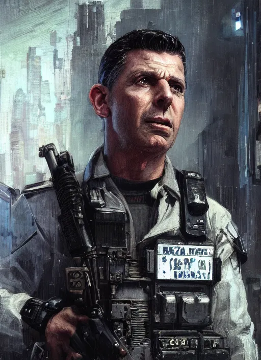 Prompt: andy griffith. cyberpunk police trooper in a military vest ( blade runner 2 0 4 9, cyberpunk 2 0 7 7 ). orientalist portrait by john william waterhouse and james gurney and theodore ralli and nasreddine dinet, oil on canvas. cinematic, hyper realism, realistic proportions, dramatic lighting, high detail 4 k