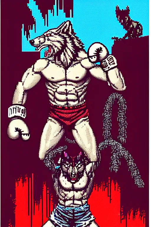 Image similar to extreme long shot. 8 bit nes graphics. antropomorphic muscular masculine wolf. kickboxer fighter, in shorts. wolf head. angry. fine details, very sharp, art from nes game cartridge, 8 0's, vhs artefacts, vaporwave style, marc simonetti and hermann nitsch and anish kapoor.