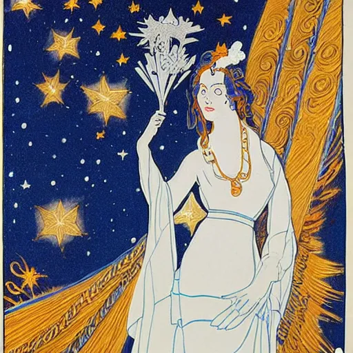 Image similar to The computer art features a woman with wings made of stars, surrounded by a blue and white night sky. The woman is holding a staff in one hand, and a star in the other. She is wearing a billowing white dress, and her hair is blowing in the wind. burnt orange, Aztec by Aubrey Beardsley, by Horace Vernet