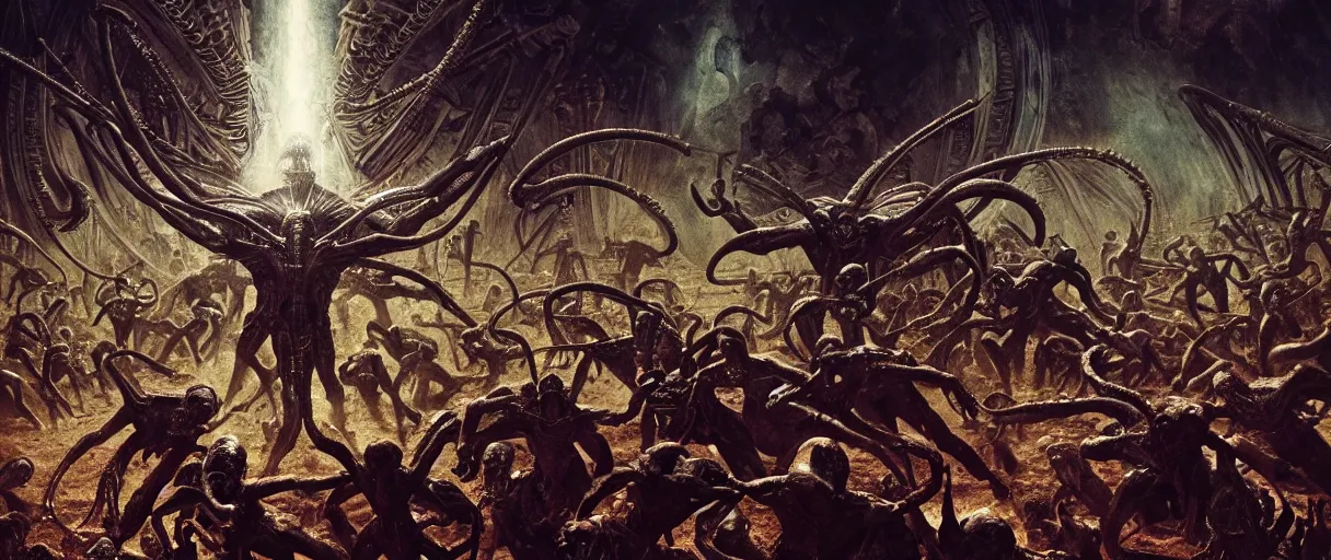 Prompt: Arrivals aliens fighting Demons from Constantine, high detail, 8k, ornate, dark fantasy, masterpiece, complex, film still from the movie directed by Denis Villeneuve with art direction by Pablo Picasso and Greg rutkowski, Alex Gray, wide angle