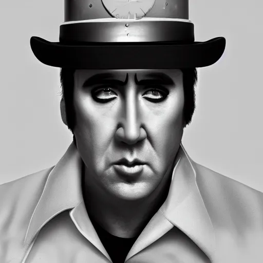 Image similar to Nicolas Cage is cutting a clockwork orange, artstation, epic lighting, octane render, ultra high resolution, 8k, hyper realistic,