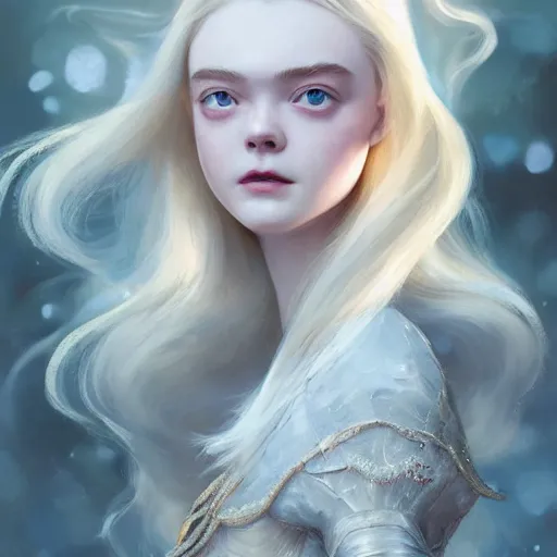 Prompt: a professional painting of Elle Fanning, clothed in ethereal armor, porcelain white skin, long blonde hair, beautiful bone structure, symmetrical facial features, intricate, elegant, digital painting, concept art, smooth, sharp focus, illustration, from Valerian and the City of a Thousand Planets, by Ruan Jia and Mandy Jurgens and Artgerm and William-Adolphe Bouguerea