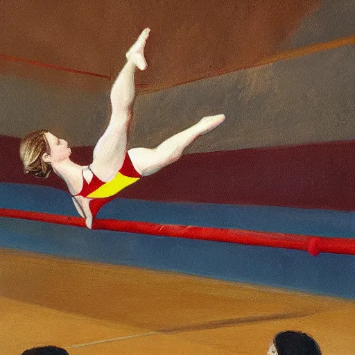 Prompt: A gymnastics doing flips in a gymnasium, oil on canvas