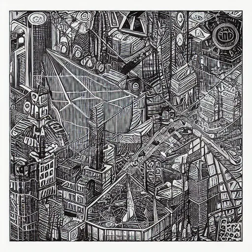 Image similar to “geometrically surreal city, extremely high detail, photorealistic, intricate line drawings, dotart, album art in the style of James Jean”