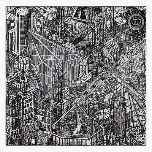 Prompt: “geometrically surreal city, extremely high detail, photorealistic, intricate line drawings, dotart, album art in the style of James Jean”