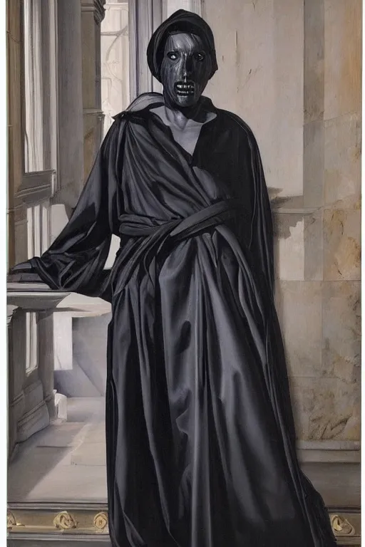Prompt: hyperrealism mixed with classicism, oil painting, close figure fully clothes in black reflect robe, complete darkness, in style of classicism mixed with 8 0 s sci - fi hyperrealism