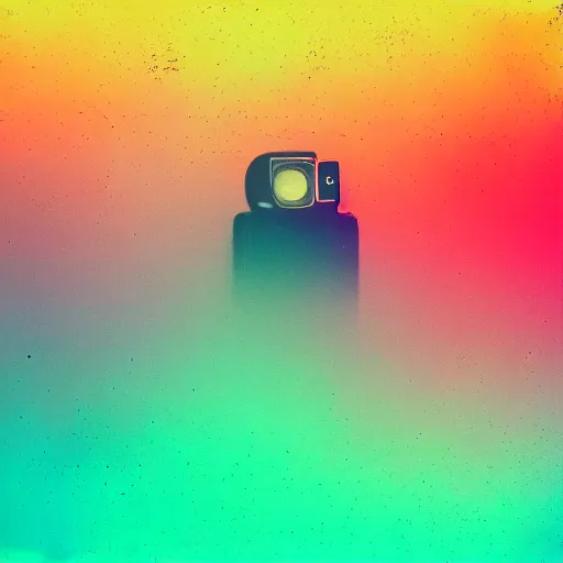 Prompt: polaroid of a cute expressive random dream, reflection, double exposure, glitch, gradient, chromatic aberration, fog
