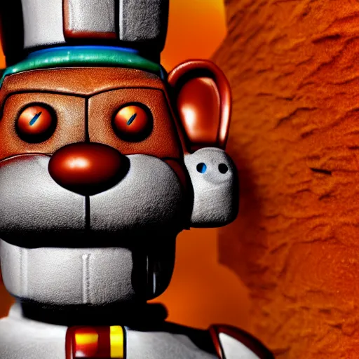 Prompt: Closeup of Freddy Fazbear in the Sahara desert, award winning Tarantino movie still, 35 mm, cinematic