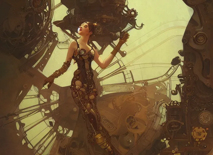 Image similar to woman model, steampunk!!! and modern, swimming, top view, rgb, backlit, elegant, highly detailed, digital painting, artstation, concept art, smooth, sharp focus, illustration, art by krenz cushart and artem demura and alphonse mucha