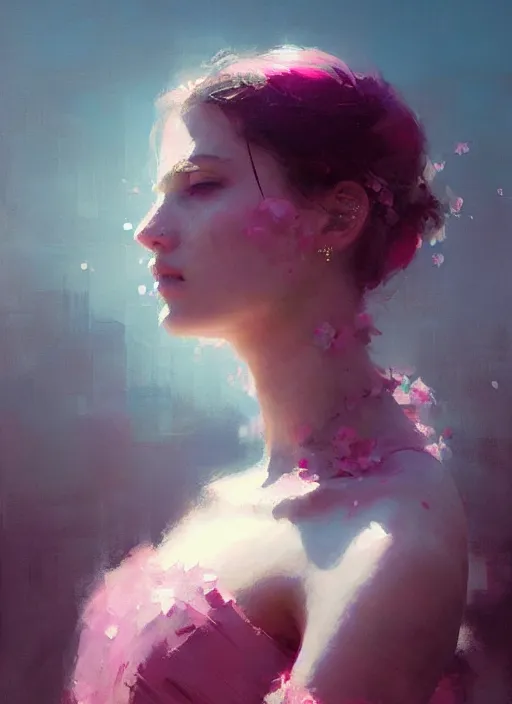 Prompt: portrait of a beautiful girl, eyes closed, shades of pink, beautiful face, rule of thirds, intricate outfit, spotlight, by greg rutkowski, by jeremy mann, digital painting