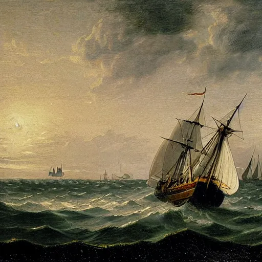 Prompt: british sailing sailing ship at sea, waves, wind, midnight, midnight, stars,, moon by jan van goyen