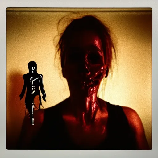 Image similar to A selfie of a woman in a dark room, with a spooky filter applied, with a figure in the background, in a Halloween style.