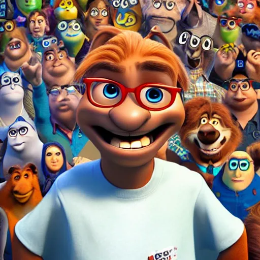Image similar to portrait of a nerd guy happily announce new video, Pixar's Up character, 3D render,youtube thumbnail,flat background,high resolution, high quality, detailed, zootopia, cgsociety,artstation, deviantart
