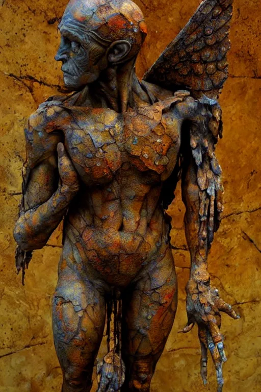 Image similar to realistic detailed statue full body of the vallyrian golem made with marble and with stained rust golden wings, cracked body full of scars, made by Karol Bak, Mark Brooks and Bernini. Rich colors. Beksinski and painting. Masterpiece