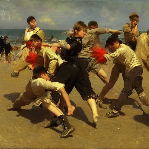 Prompt: a group of teenage boys doing TikTok dances. Ilya Repin and Ruan Jia.