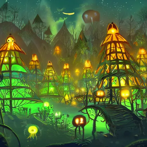 Prompt: bioluminescent forest village