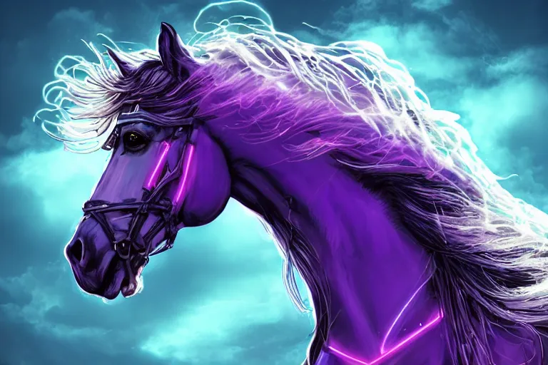 Prompt: a stunning horse with bioluminescent mane and tail jumping in the clouds by sandra chevrier and greg rutkowski, purple blue color scheme, celtic neon runes, vaporware, retro, outrun, high key lighting, volumetric light, digital art, highly detailed, fine detail, intricate, ornate, complex, octane render, unreal engine, photorealistic