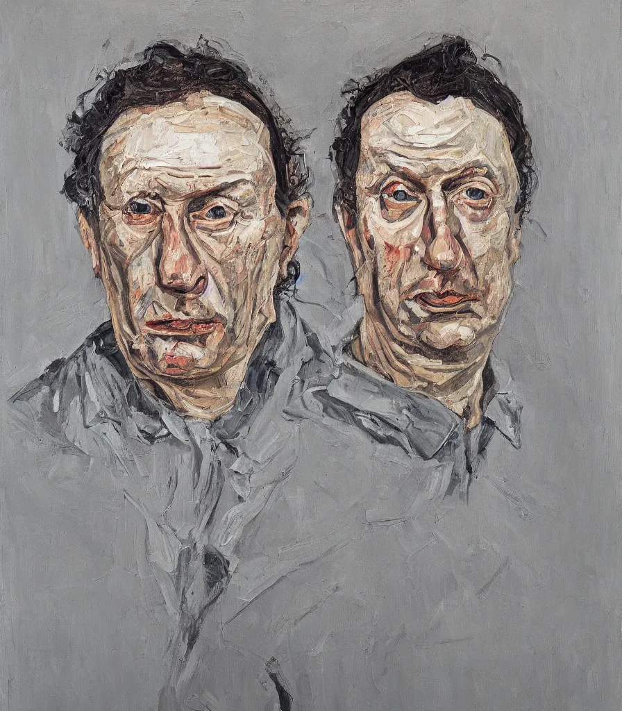 Image similar to close head shot of a vladimir wihtout shirt in the style of lucian freud self portrait. oil painting, thick brush strokes. gray background. hard light from top. perspective from below. 5 0 mm