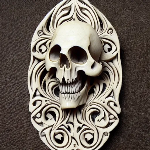 Image similar to memento mori detailed art nouveau bone carving by arthur rackham, gothic, intricately carved antique bone, skulls