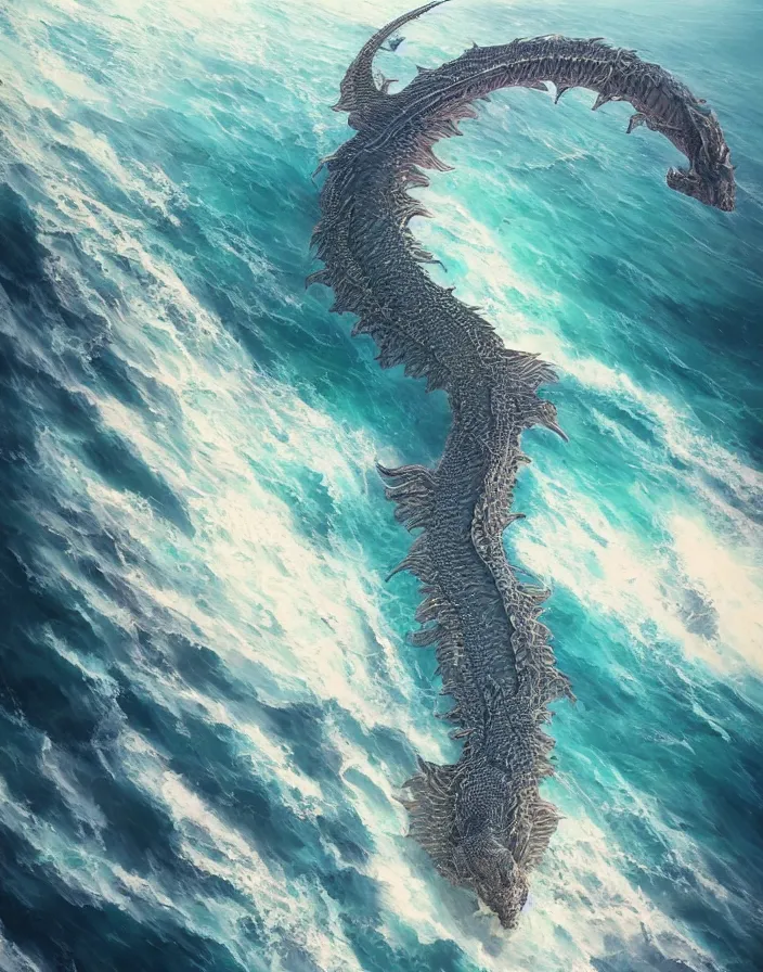 Prompt: long dragon wrapped around a land formation overseeing a vast ocean, intricate abstract. delicate artwork. by Tooth Wu, wlop, beeple, dan mumford. octane render, trending on artstation, greg rutkowski very coherent symmetrical artwork. cinematic, hyper realism, high detail, octane render, 8k, depth of field, bokeh. chrome accents.