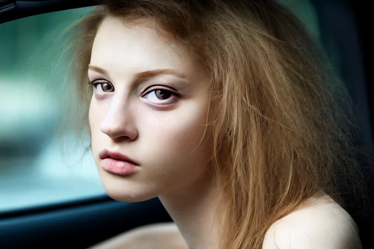 Prompt: mid shot portrait of a stunningly pretty young woman, sitting in her car, stuck in a traffic jam, tears, frustration, in the style of David cronenberg ,scary, weird, surprising, realistic, sharp focus, 8k high definition, medium format film photography, photo realistic, insanely detailed, intricate, elegant, art by les edwards and David kostic and stanley lau and artgerm