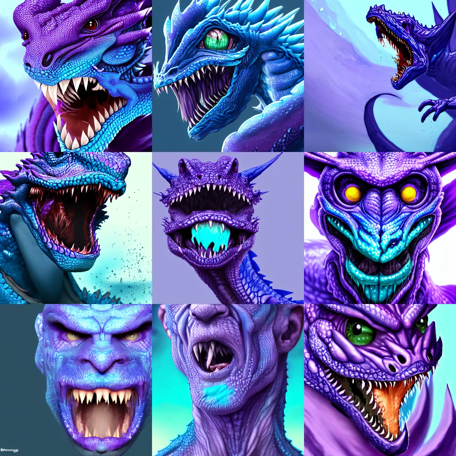 Prompt: man getting hit by a small wave of blue goo, transforming him into a violet dragon, digital art, concept art, in the style of raiinbowraven, face close - up, lizardlike tongue, trending on artstation, gooey, highly detailed, slimey, rich iridescent colors, 8 k hd, d & d