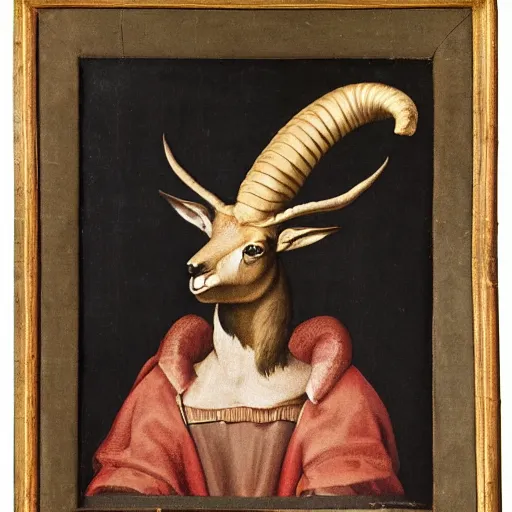 Prompt: renaissance style portrait of an alpine ibex wearing a crown and a cape, dark background