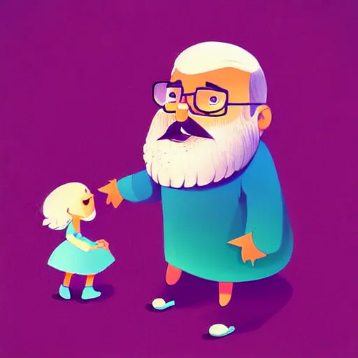 Image similar to curled perspective digital art of a cute smiling beard grandpa cartoon character with baby girl by anton fadeev