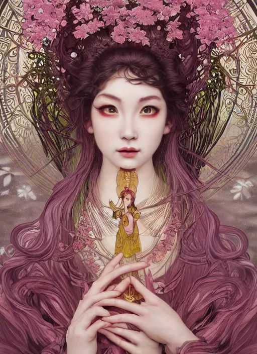 Image similar to a photographic portrait of a anthropomorphic cherry - blossom goddess spirit, fantasy, tarot esoteric, intricate, elegant, highly detailed, digital painting, artstation, concept art, smooth, sharp focus, illustration, art by artgerm and h r giger and alphonse mucha