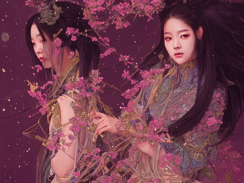 Prompt: portrait jisoo blackpink, wearings samurai colorpunk armor, in temple firefly stormy sparkles night, ssci - fi and fantasy, intricate and very very beautiful and elegant, highly detailed, digital painting, artstation, concept art, smooth and sharp focus, illustration, art by tian zi and wlop and alphonse mucha