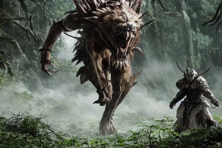 Image similar to vfx movie closeup detailed ancient armored warrior orc hunting riding large wolf in the forest, natural lighting by emmanuel lubezki