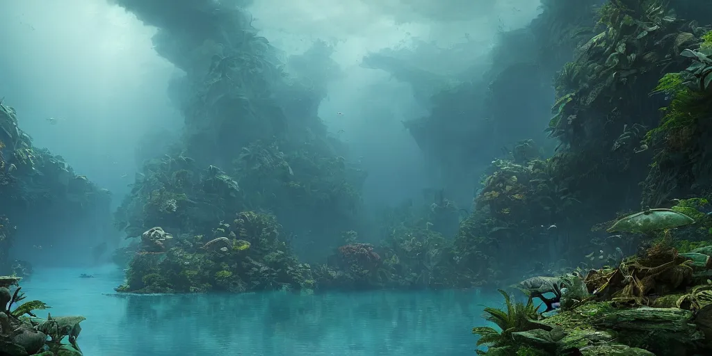 Image similar to screenshot from a movie, epic matte painting of the under water jungle of the damned, cinematic cinematography masterpiece, greg rutkowski, and ivan aivazovski, roger deakins