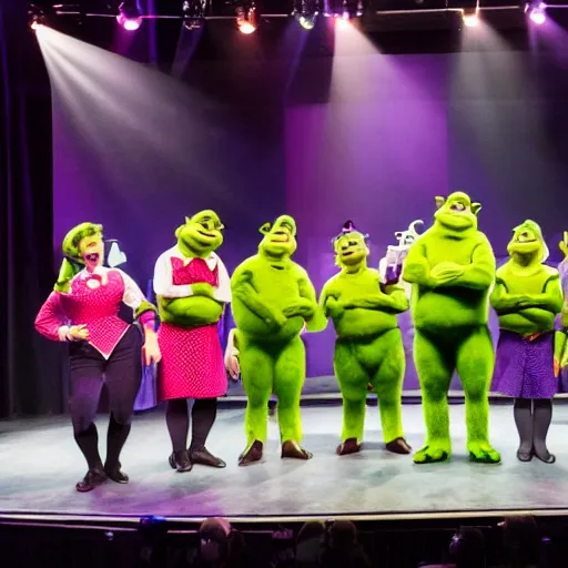 Prompt: Photograph of the Tally Hall members on-stage with color-coordinated ties, they are all wearing Shrek costumes, photo, f2.8, 50mm