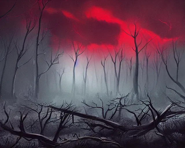 a dark dead forest with a storm with red lightning | Stable Diffusion