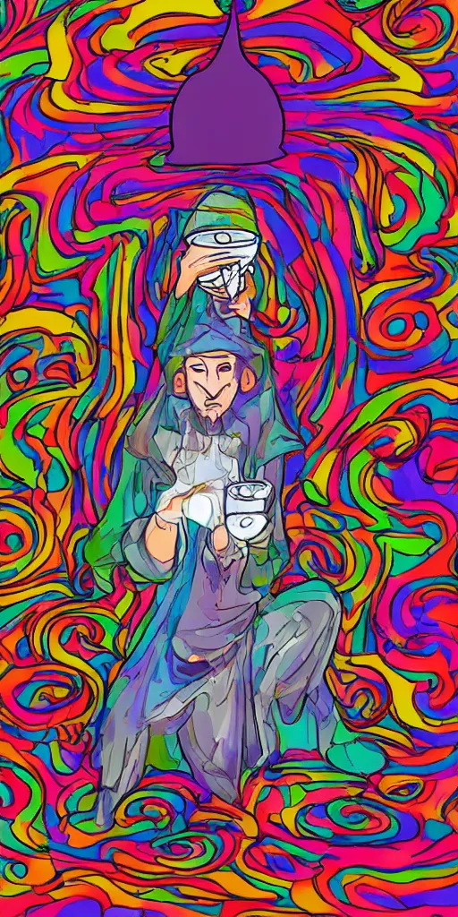 Image similar to a mystical man with a goblet on the table, wizard hat, psychedelic, Korean animation