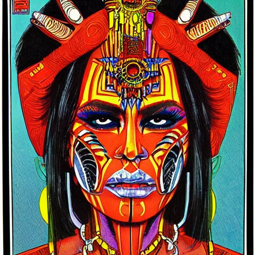 Prompt: portrait of mad aztec queen, symmetrical, by juan gimenez