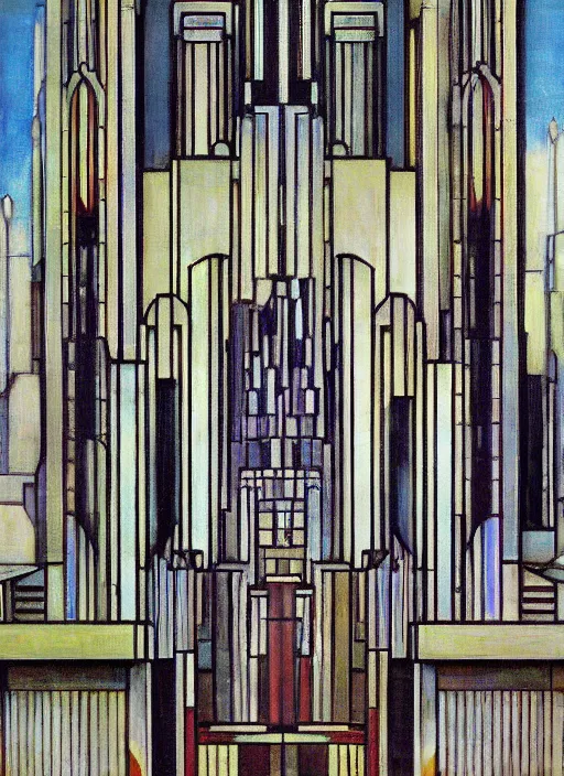 Image similar to artdeco cathedral by frank lloyd wright painted by piet mondrian