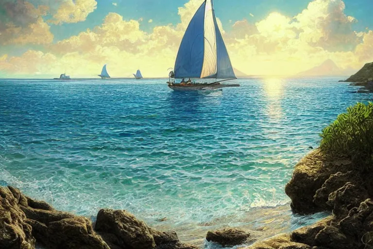 Prompt: ultra realistic illustration,, a beach in tanzania with sailboats in the distance, tropical blue water intricate from baldurs gate, elegant, highly detailed, digital painting, artstation, concept art, smooth, sharp focus, illustration, art by artgerm and greg rutkowski and alphonse mucha