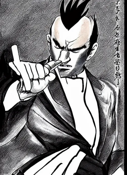 Prompt: heihachi mishima dressed formally, smoking a cigar, drawn in the style of keisuke itagaki, manga illustration, tekken, crazy hair