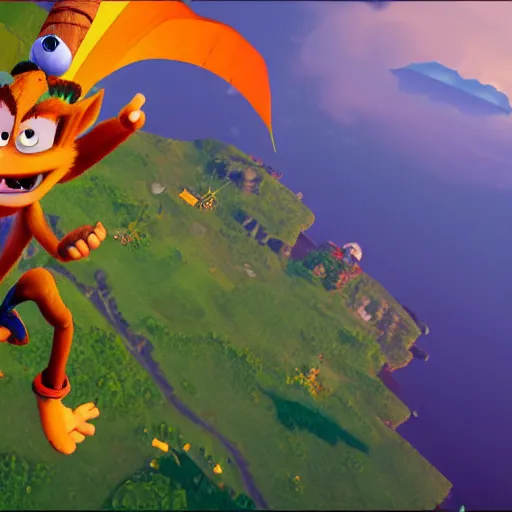 Prompt: crash bandicoot flying a dragon looking down on earth, 4k